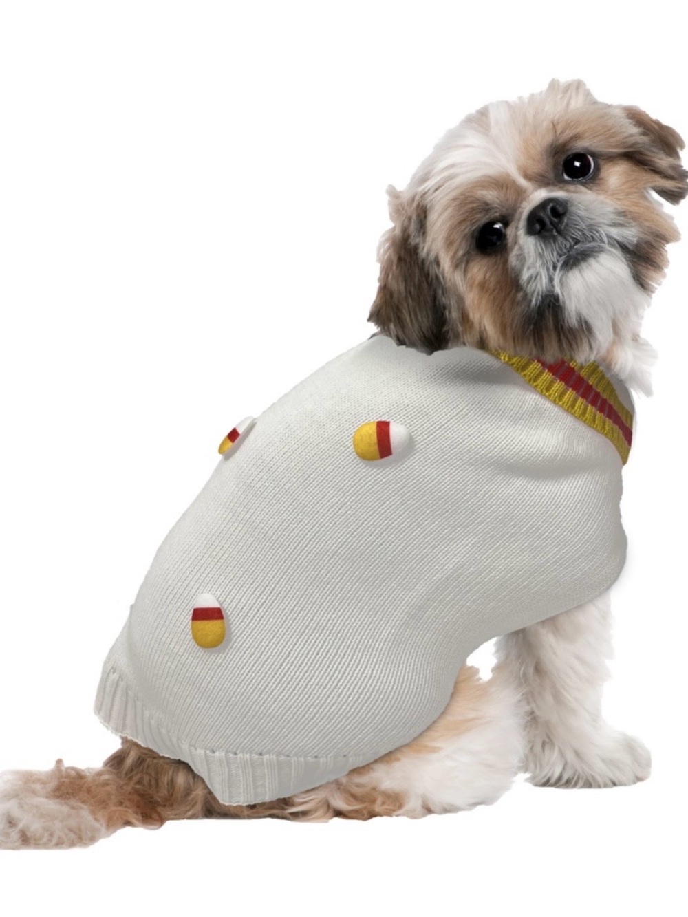 Woof Pet Sweater White CandyCorn Knit Dog Sweater with Yellow & Red Trim size XL